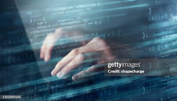 digitally enhanced shot of an unrecognizable businessman's hands on a laptop keyboard superimposed over multiple lines of computer code - computer language stock pictures, royalty-free photos & images