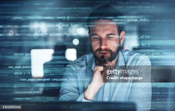 digitally enhanced shot of a handsome businessman working in the office superimposed over multiple lines of computer code - data base stock pictures, royalty-free photos & images