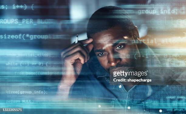 digitally enhanced shot of a handsome businessman working in the office superimposed over multiple lines of computer code - failure analysis stock pictures, royalty-free photos & images