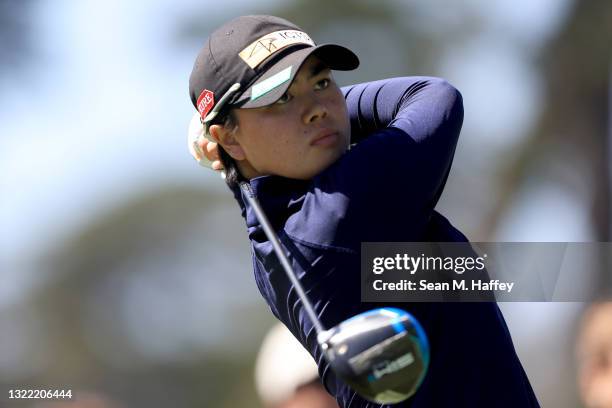 Yuka Saso of the Philippines hits her tee shot on the ninth hole playoff against Nasa Hataoka of Japan during the final round of the 76th U.S....