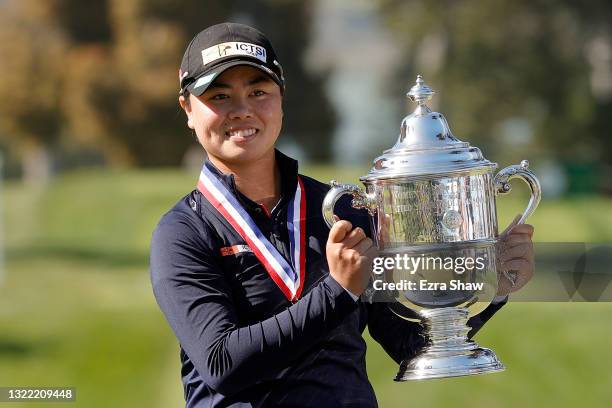 Yuka Saso of the Philippines celebrates with the Harton S. Semple trophy after winning the 76th U.S. Women's Open Championship at The Olympic Club on...