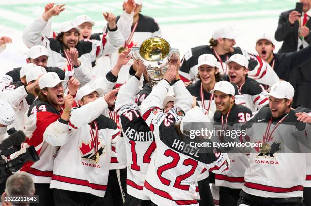 Adam Henrique of Canada lifts the trophy after the 2021 IIHF Ice Hockey World Championship Gold Medal Game game between Canada and Finland at Arena...