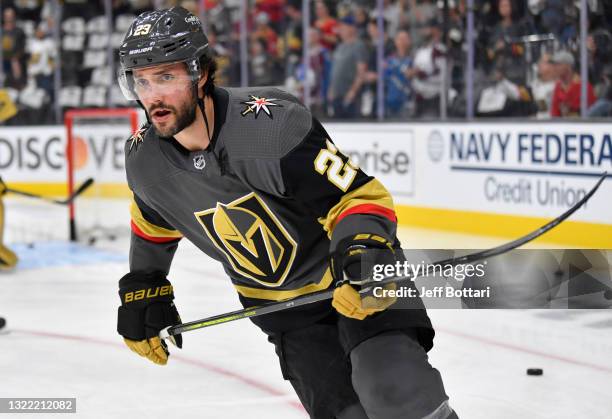 Alec Martinez of the Vegas Golden Knights warms up prior to Game Four of the Second Round of the 2021 Stanley Cup Playoffs against the Colorado...