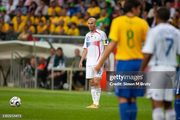 Zinedine Zidane of France in action during the World Cup Quarter Final match between France and Brazil at the Commerzbank Arena on July 01, 2006 in...