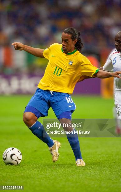 Ronaldinho of Brazil in action during the World Cup Quarter Final match between France and Brazil at the Commerzbank Arena on July 01, 2006 in...