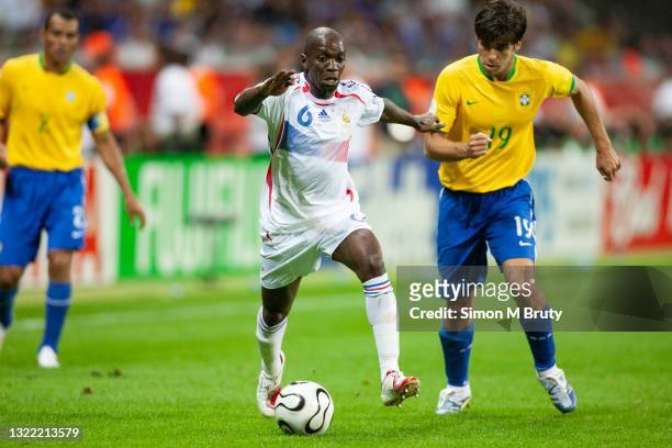 Claude Makelele of France and Juninho Pernambucano of Brazil in action during the World Cup Quarter Final match between France and Brazil at the...