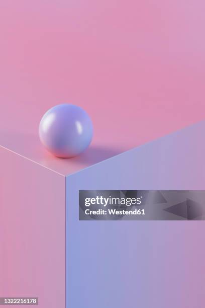 three dimensional render of purple sphere lying on top of purple edge - at the edge of stock illustrations