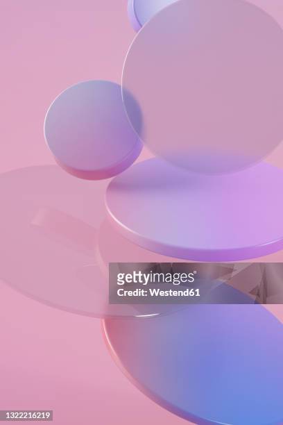 ilustrações de stock, clip art, desenhos animados e ícones de three dimensional render of purple rings floating against pink background - three dimensional