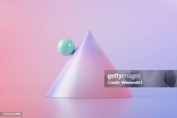 ilustraciones, imágenes clip art, dibujos animados e iconos de stock de three dimensional render of green ball balancing on slope of purple cone - cono