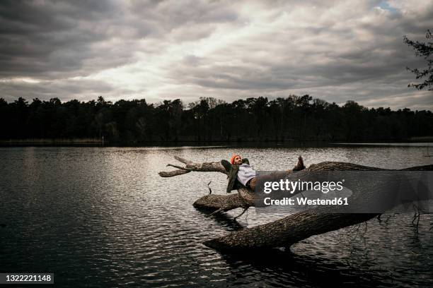 relaxed man lying on tree trunk over seddinsee at sunset - baumstamm am boden stock-fotos und bilder