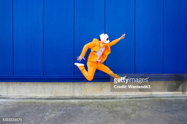 man wearing vibrant orange suit and panda mask jumping against blue wall - pandas photos et images de collection