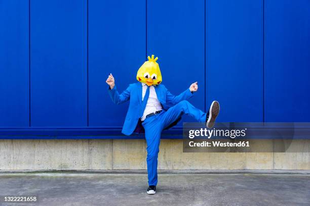 man wearing vibrant blue suit and bird mask standing on one leg against blue wall - blue suit stock-fotos und bilder