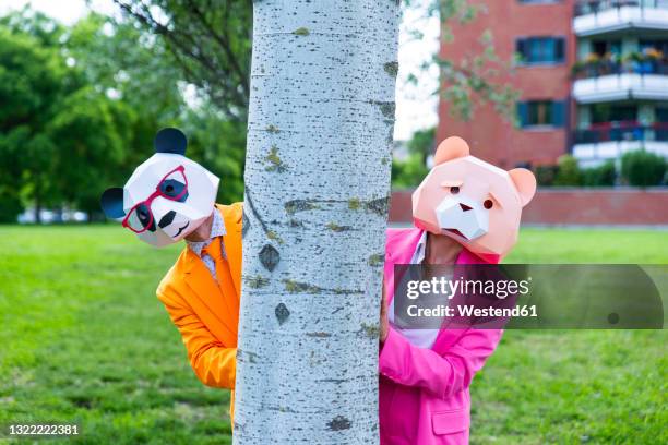 man and woman wearing vibrant suits and animal masks hiding together behind birch tree - panda animal stock-fotos und bilder