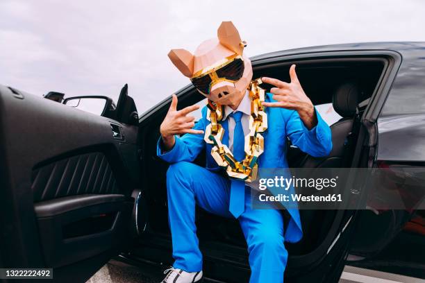 funny character in animal mask and blue business suit sitting in car and gesturing - selbstverliebt stock-fotos und bilder