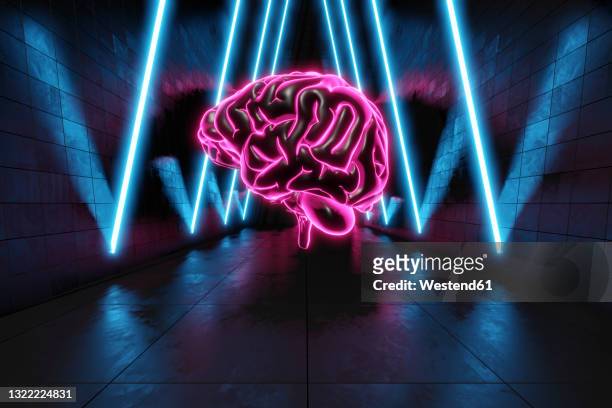three dimensional render of human brain glowing in dark futuristic corridor illuminated by blue neon lights - corridor stock illustrations
