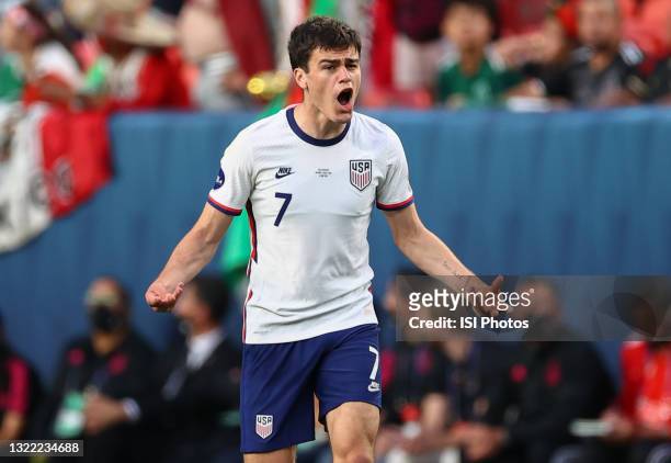 Giovanni Reyna of the United States celebrates his goal against Mexico in the CONCACAF Nations League finals at Empower Field at Mile High on June 6,...
