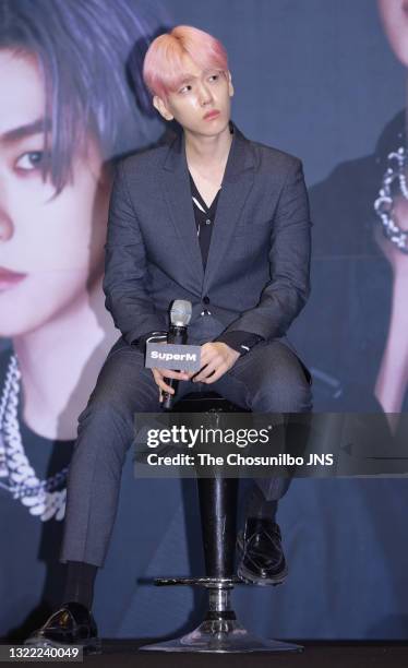 Baekhyun of SuperM attends the press conference at Dragon City Hotel on October 02, 2019 in Seoul, South Korea.