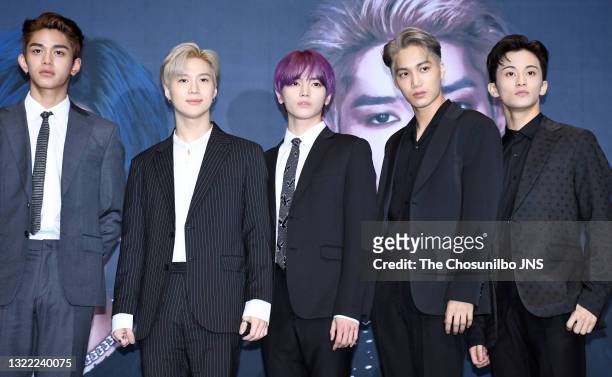 Lucas, Taemin, Taeyong, Kai, Mark of SuperM attend the press conference at Dragon City Hotel on October 02, 2019 in Seoul, South Korea.