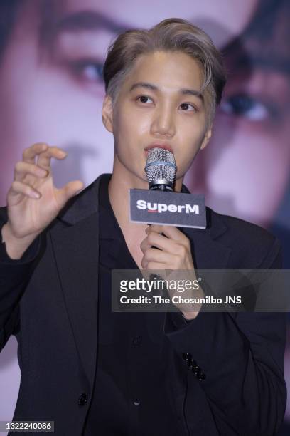 Kai of SuperM attends the press conference at Dragon City Hotel on October 02, 2019 in Seoul, South Korea.