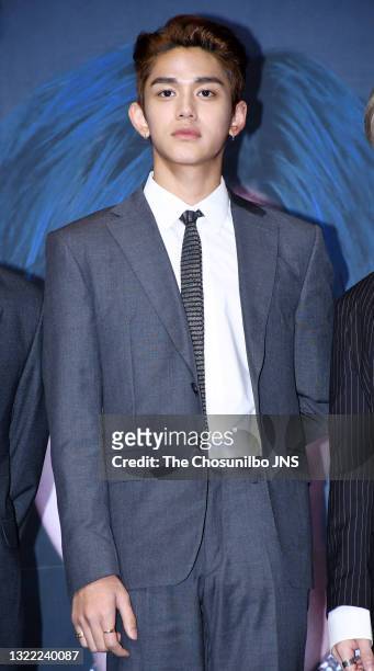 Lucas of SuperM attends the press conference at Dragon City Hotel on October 02, 2019 in Seoul, South Korea.