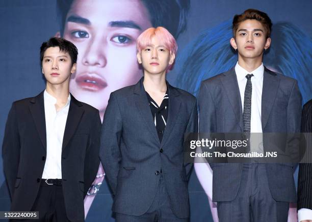 Ten, Baekhyun, Lucas of SuperM attend the press conference at Dragon City Hotel on October 02, 2019 in Seoul, South Korea.