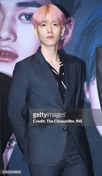 Baekhyun of SuperM attends the press conference at Dragon City Hotel on October 02, 2019 in Seoul, South Korea.