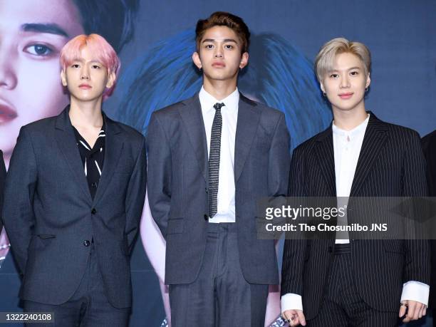 Baekhyun, Lucas, Taemin of SuperM attend the press conference at Dragon City Hotel on October 02, 2019 in Seoul, South Korea.