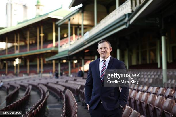 Brett Morris poses after announcing his retirement from the Sydney Roosters and his Rugby League career at Sydney Cricket Ground on June 07, 2021 in...