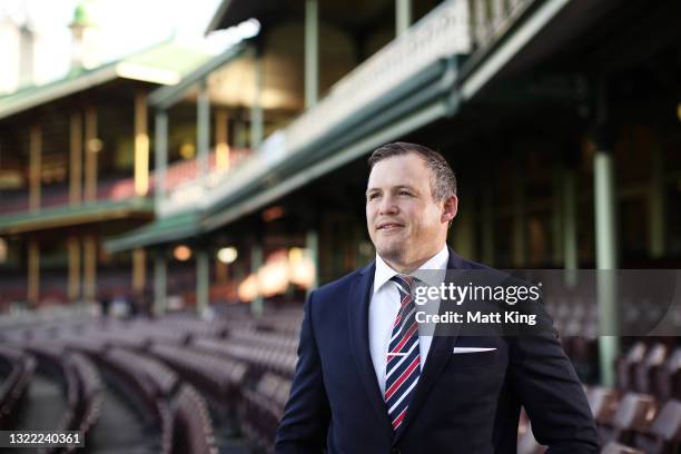 Brett Morris poses after announcing his retirement from the Sydney Roosters and his Rugby League career at Sydney Cricket Ground on June 07, 2021 in...