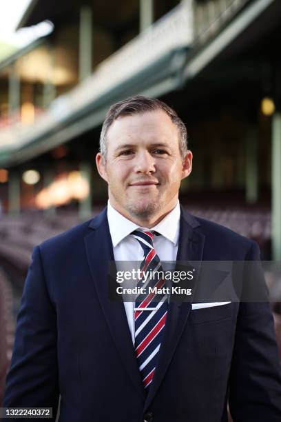 Brett Morris poses after announcing his retirement from the Sydney Roosters and his Rugby League career at Sydney Cricket Ground on June 07, 2021 in...