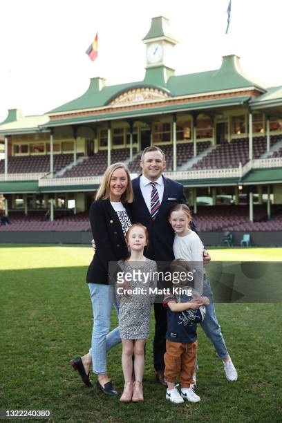 Brett Morris poses with family members after announcing his retirement from the Sydney Roosters and his Rugby League career at Sydney Cricket Ground...