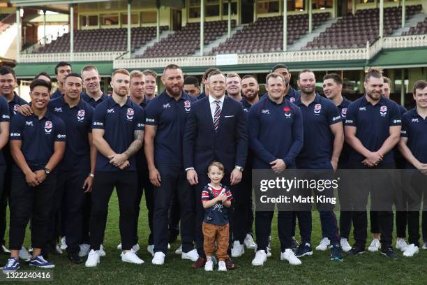 Brett Morris poses with family members and Roosters team mates after announcing his retirement from the Sydney Roosters and his Rugby League career...