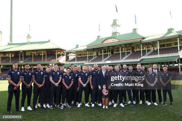 Brett Morris poses with family members and Roosters team mates after announcing his retirement from the Sydney Roosters and his Rugby League career...