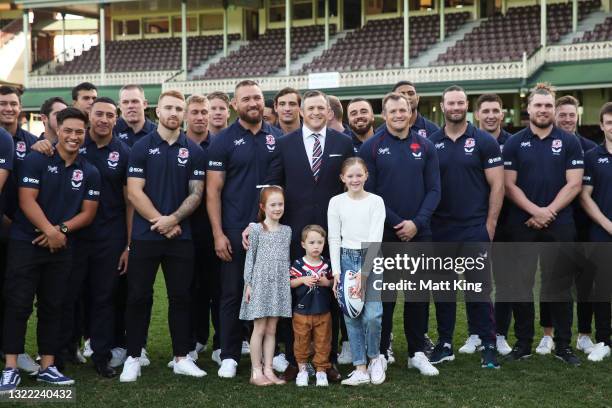 Brett Morris poses with family members and Roosters team mates after announcing his retirement from the Sydney Roosters and his Rugby League career...