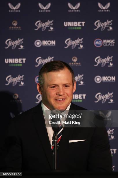 Brett Morris speaks to the media after announcing his retirement from the Sydney Roosters and his Rugby League career at Sydney Cricket Ground on...