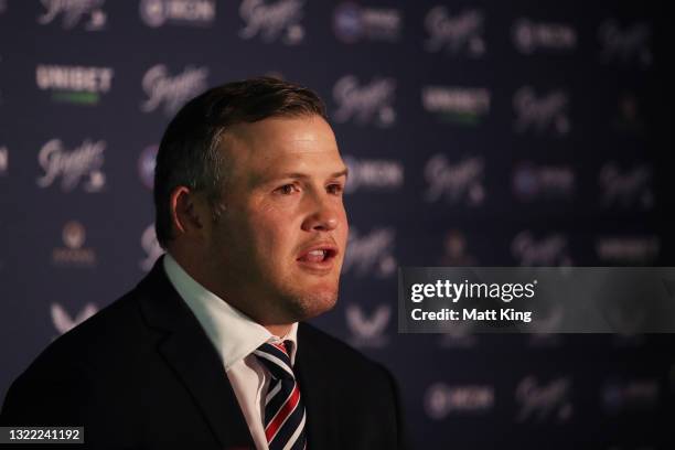 Brett Morris speaks to the media after announcing his retirement from the Sydney Roosters and his Rugby League career at Sydney Cricket Ground on...