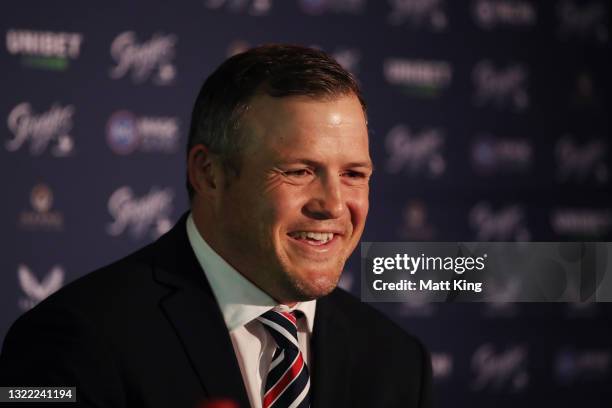 Brett Morris speaks to the media after announcing his retirement from the Sydney Roosters and his Rugby League career at Sydney Cricket Ground on...
