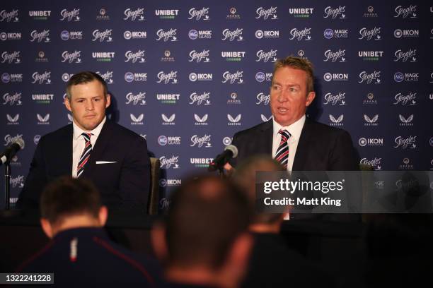 Roosters coach Trent Robinson speaks to the media alongside Brett Morris after announcing his retirement from the Sydney Roosters and his Rugby...