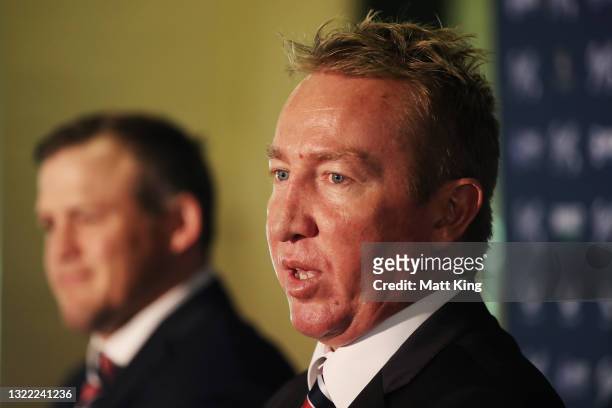 Roosters coach Trent Robinson speaks to the media alongside Brett Morris after announcing his retirement from the Sydney Roosters and his Rugby...