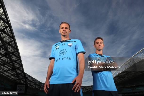 Alex Wilkinson and Joel King of Sydney FC pose during the 2021 A-League Finals Launch at Stadium Australia on June 07, 2021 in Sydney, Australia.