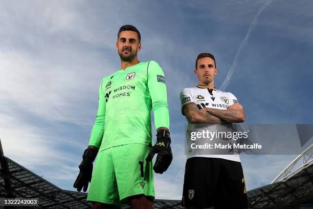 Adam Federici and Matt Derbyshire of Macarthur FC pose during the 2021 A-League Finals Launch at Stadium Australia on June 07, 2021 in Sydney,...