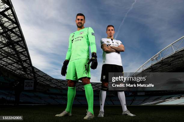 Adam Federici and Matt Derbyshire of Macarthur FC pose during the 2021 A-League Finals Launch at Stadium Australia on June 07, 2021 in Sydney,...