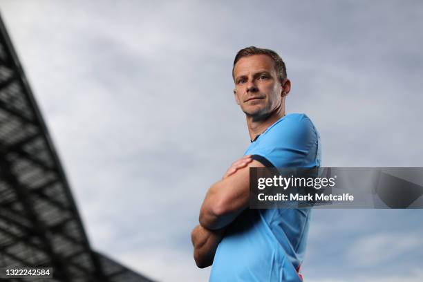 Alex Wilkinson of Sydney FC poses during the 2021 A-League Finals Launch at Stadium Australia on June 07, 2021 in Sydney, Australia.