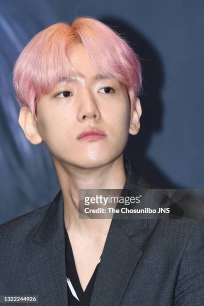 Baekhyun of SuperM attends the press conference at Dragon City Hotel on October 02, 2019 in Seoul, South Korea.