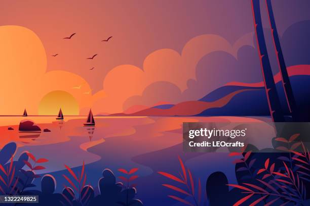 bildbanksillustrationer, clip art samt tecknat material och ikoner med vacker strand vid solnedgången - solnedgång