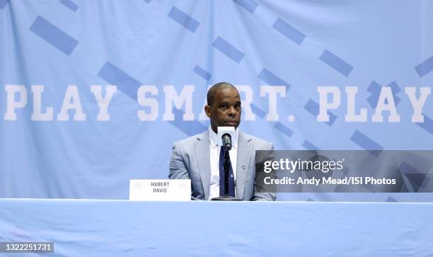 Men’s basketball head coach Hubert Davis during his introductory press conference at Dean E. Smith Center on April 6, 2021 in Chapel Hill, North...