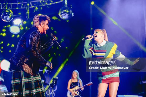 Adam Lambert and Kim Petras perform during the OUTLOUD: Raising Voices concert series at Los Angeles Memorial Coliseum on June 06, 2021 in Los...