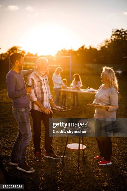 grillen barbecue bij zonsondergang! - backyard picnic stockfoto's en -beelden