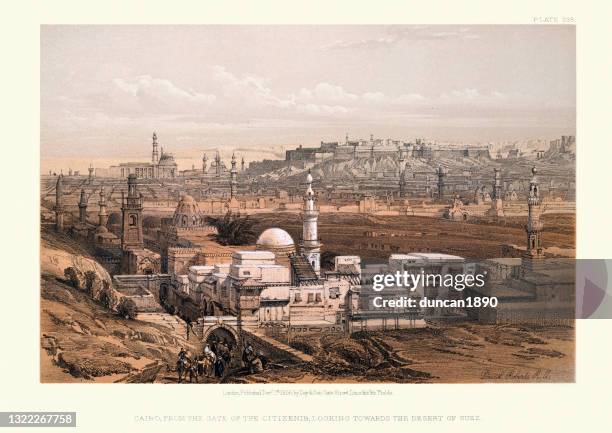 cityscape, cairo from the gate of citizenib, looking towards the desert of suez, 19th century - egypt city stock illustrations