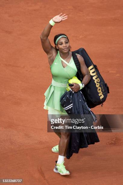 June 6. Serena Williams of the United States waves to the spectators as she leaves the court after her loss against Elena Rybakina of Kazakhstan on...